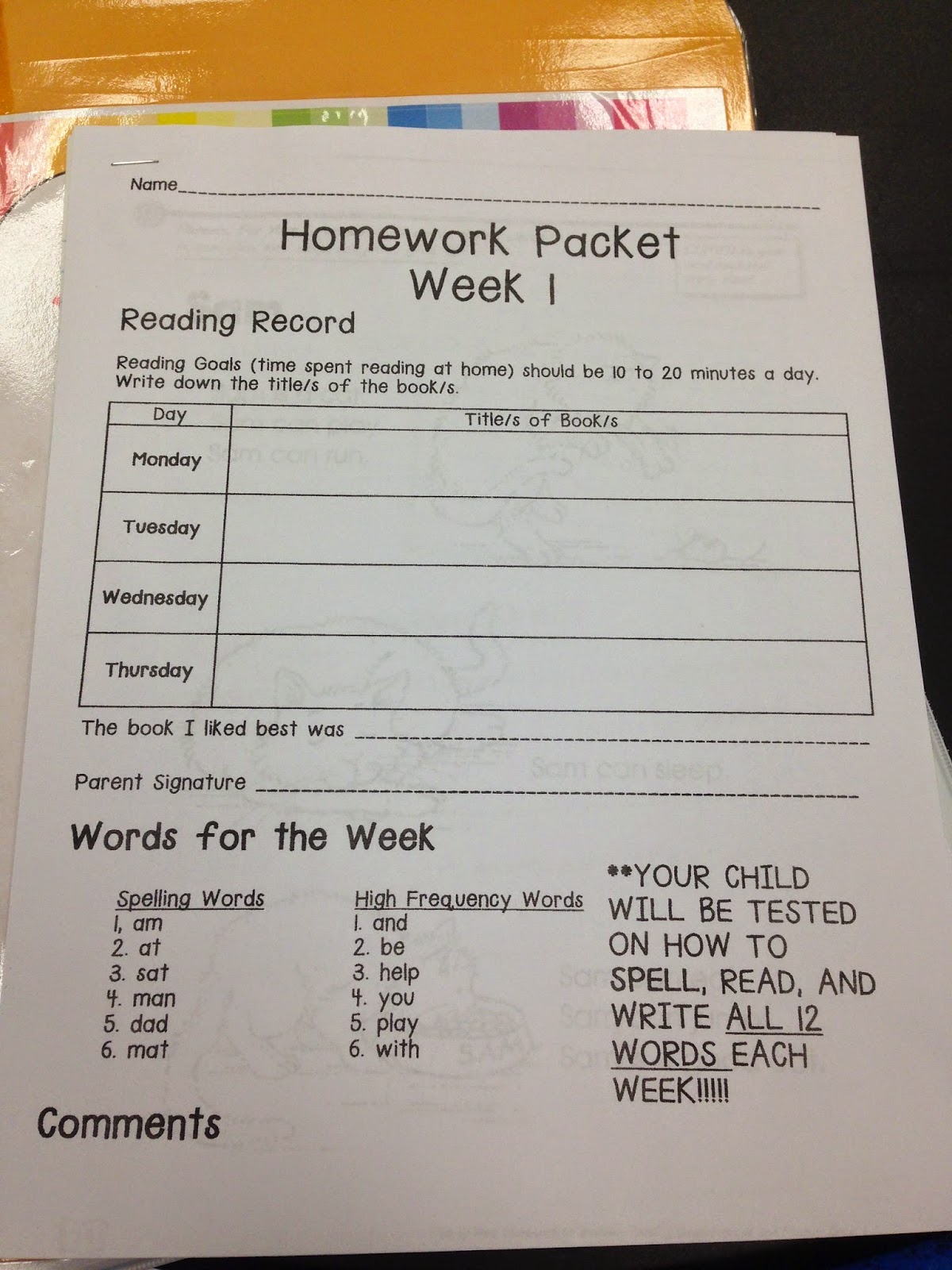 First grade beginning of the year homework
