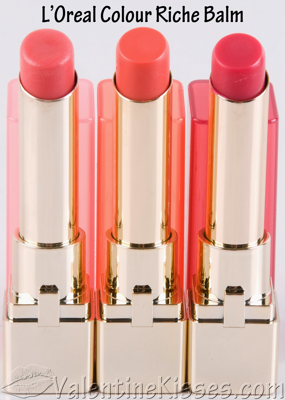 Valentine Kisses L'Oreal Colour Riche Balm in shades Rose Elixir, Caring Coral, Heavenly Berry