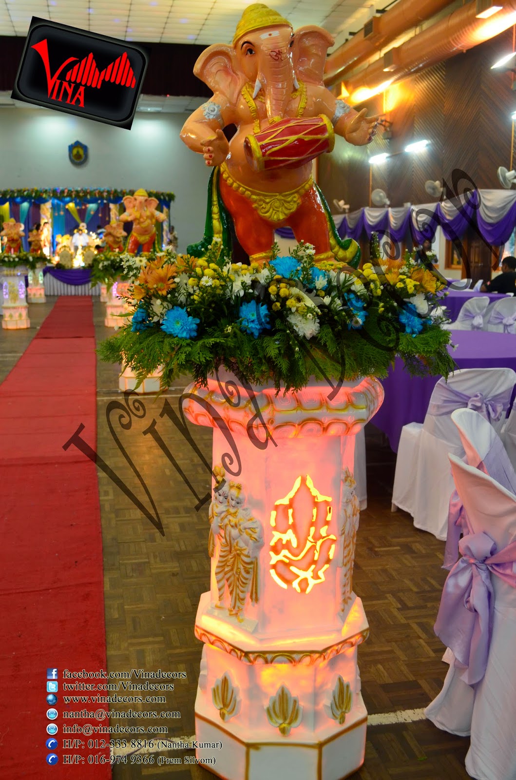 Wedding and Wedding dinner at Dewan Dato Ahmad Razali, Kampung Melayu Ampang, 68000 Ampang, Selangor, Malaysia (Ampang Hall) (Setup for Ganesha Flower pillar, Red Carpet, Stage Scallop and Backdrop with lighting, Manavarai, Crystal Dome Arch chair (cover & ribbon) and Table (cloth). Wedding and Wedding dinner at Dewan Dato Ahmad Razali, Kampung Melayu Ampang, 68000 Ampang, Selangor, Malaysia (Ampang Hall) (Setup for Ganesha Flower pillar, Red Carpet, Stage Scallop and Backdrop with lighting, Manavarai, Crystal Dome Arch chair (cover & ribbon) and Table (cloth).