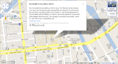 Ein Screenshot zeigt einen Hinweis ausgehend von einem Wikipedia Symbol auf einer Karte.