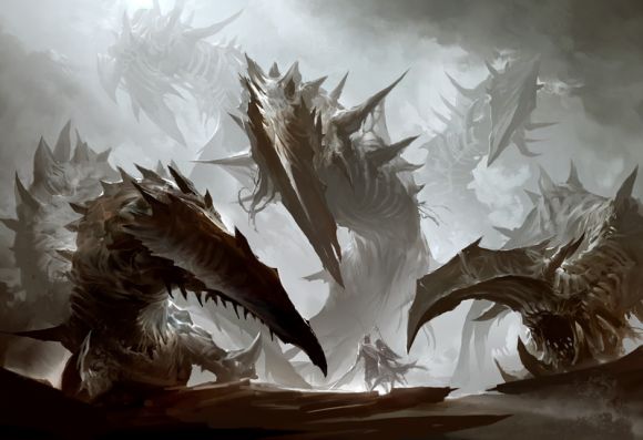 Kekai Kotaki ilustrações arte conceitual fantasia dragões, demônios e outros gigantescos monstros