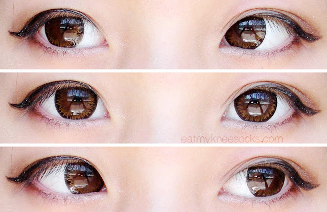 {Review} Klenspop - M.I Contact Tiara Brown Lenses - Views Left, right, and center views of the M.I Contact Tiara Brown circle lenses, modeled with simple ulzzang-inspired eye makeup.
