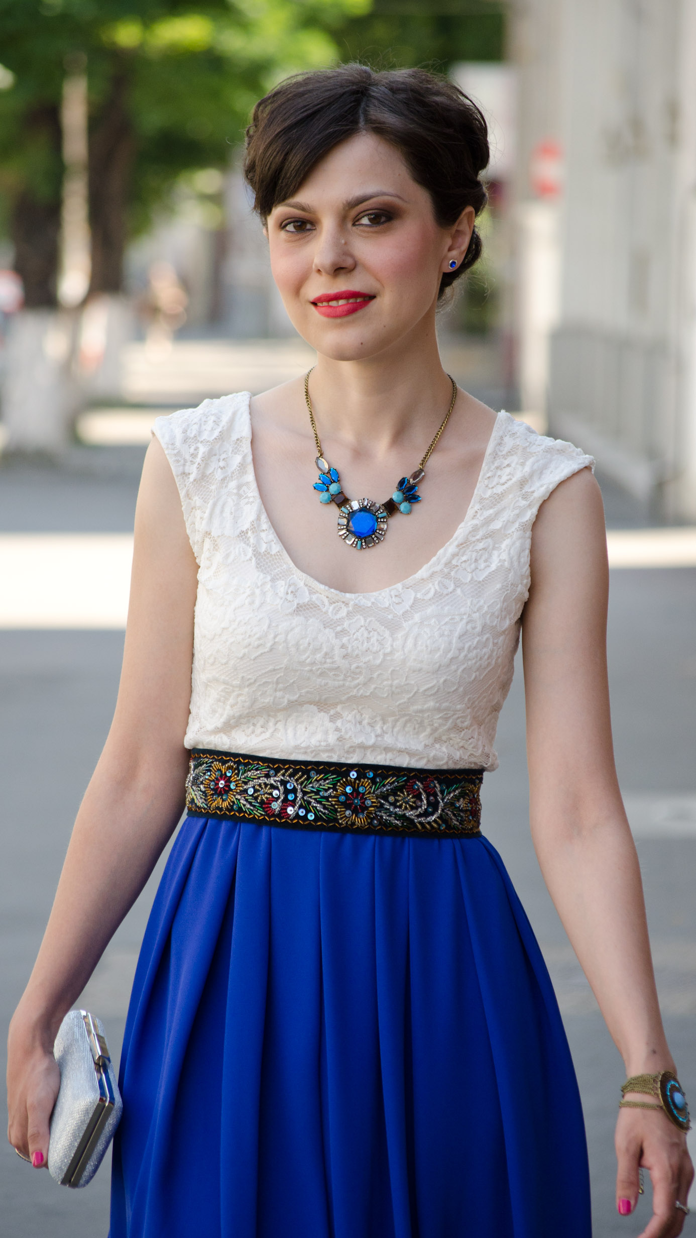 maxi dress cobalt blue white lace statement necklace blue topper hat wedding attire handmade waistband