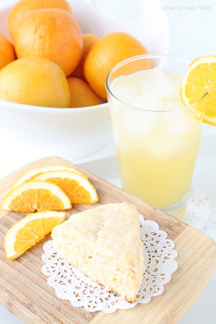 Glazed Orange Scones - a delicious citrusy scone drizzled with an orange vanilla glaze! at LoveGrowsWild.com