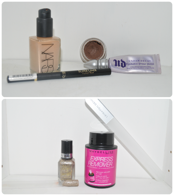 Nars Sheer  Glow Barcelona, Mac paint pot quite natural, urban Decay primer potion, L'oreal Superliner , Barry M Majesticm, Leighton Denny Crystal Nail File
