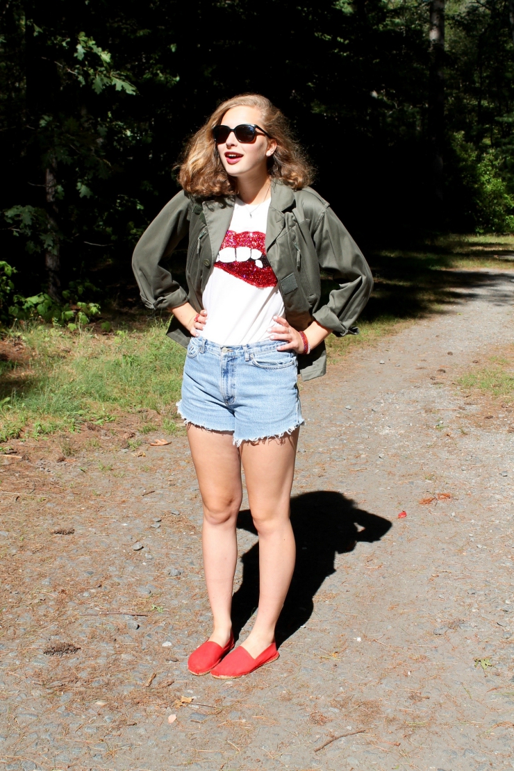 Red lip printed shirt, red espadrilles, Ralph Lauren high waisted denim shorts