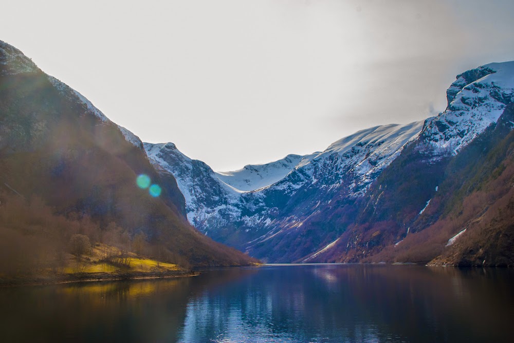Nærøyfjord view with light leaks scenic view while on fjord cruises with norway in a nutshell