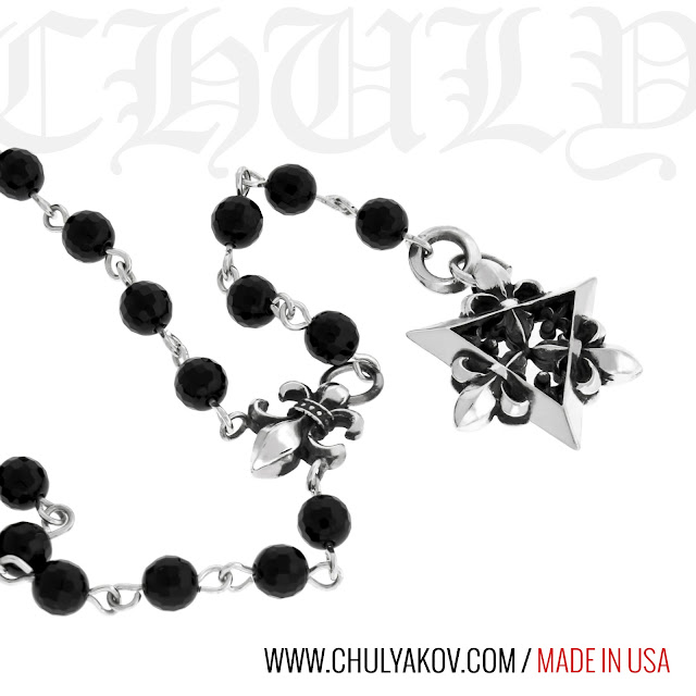 Designer Gothic rock hiphop Rosary with Silver Star of David and Black Onyx