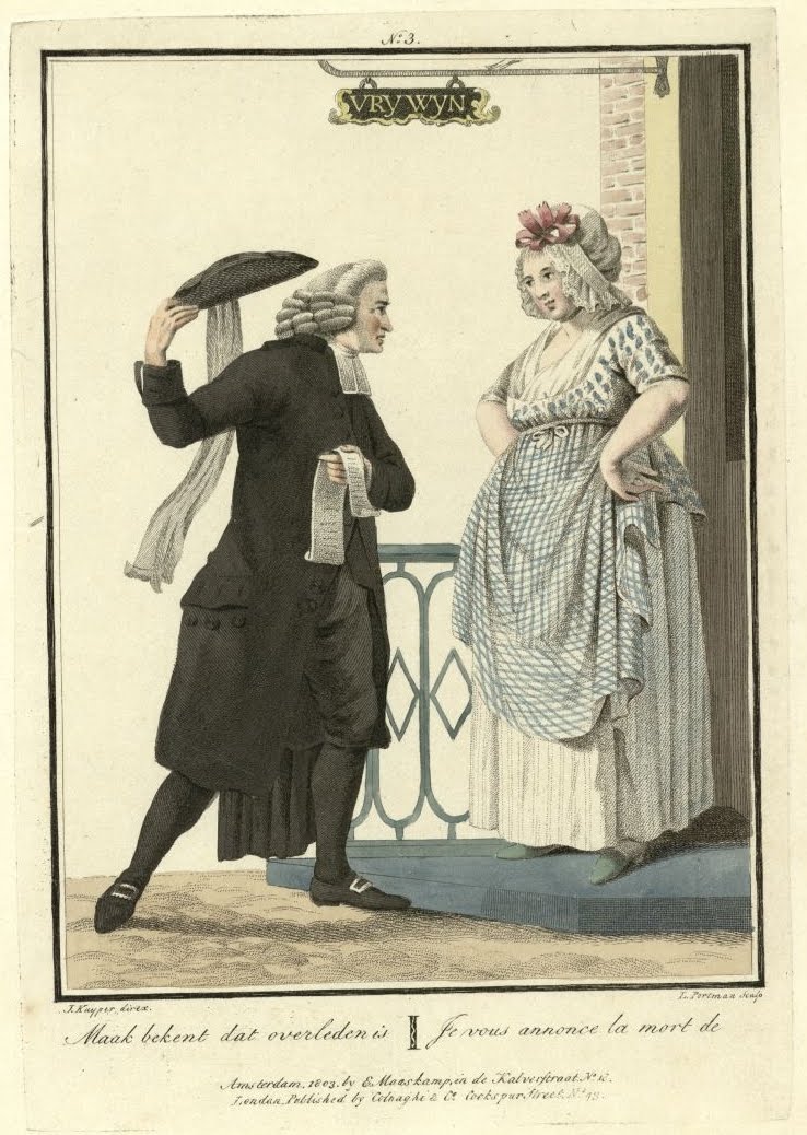 Je vous annonce la mort de.. vicar doffs hat to woman at her front door (hand-coloured engraving)