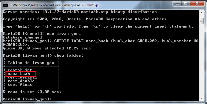Belajar MySQL Part 6 : Tipe Data String 4 Menampilkan seluruh tabel yang ada di database irvan_gen