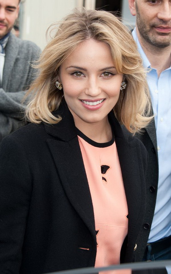 Sexy Prom Dress: Dianna Agron wearing a long black coat and pink gown
