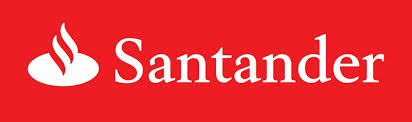 Red filled rectangle with Santander in white and a sort of flame on a plate logo.