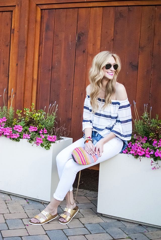 off the shoulder and white denim / spring outfit 