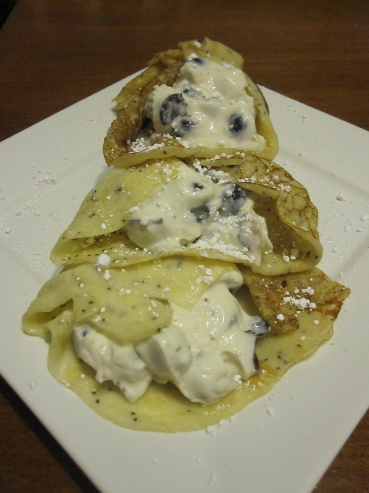 Poppyseed Lemon Crepes with Blueberry Cream Cheese Filling