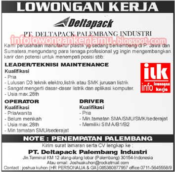 Info Lowongan Kerja Lowongan Kerja Leader Operator Driver Deltapack Palembang