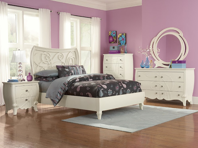 wonderful white young adult bedroom furnitures on laminate floor also white rug plus violet wall idea