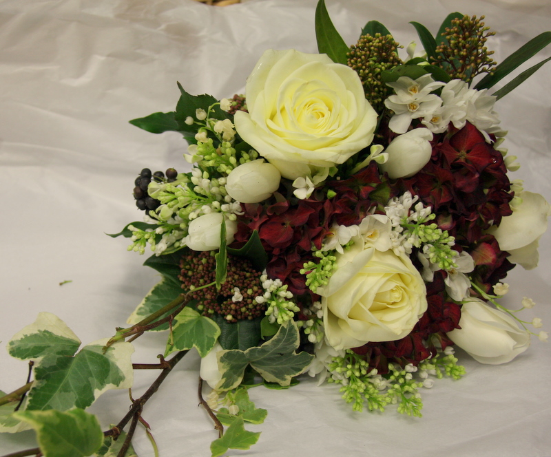 Late Winter Early Spring Wedding Bouquet in Ivory Claret
