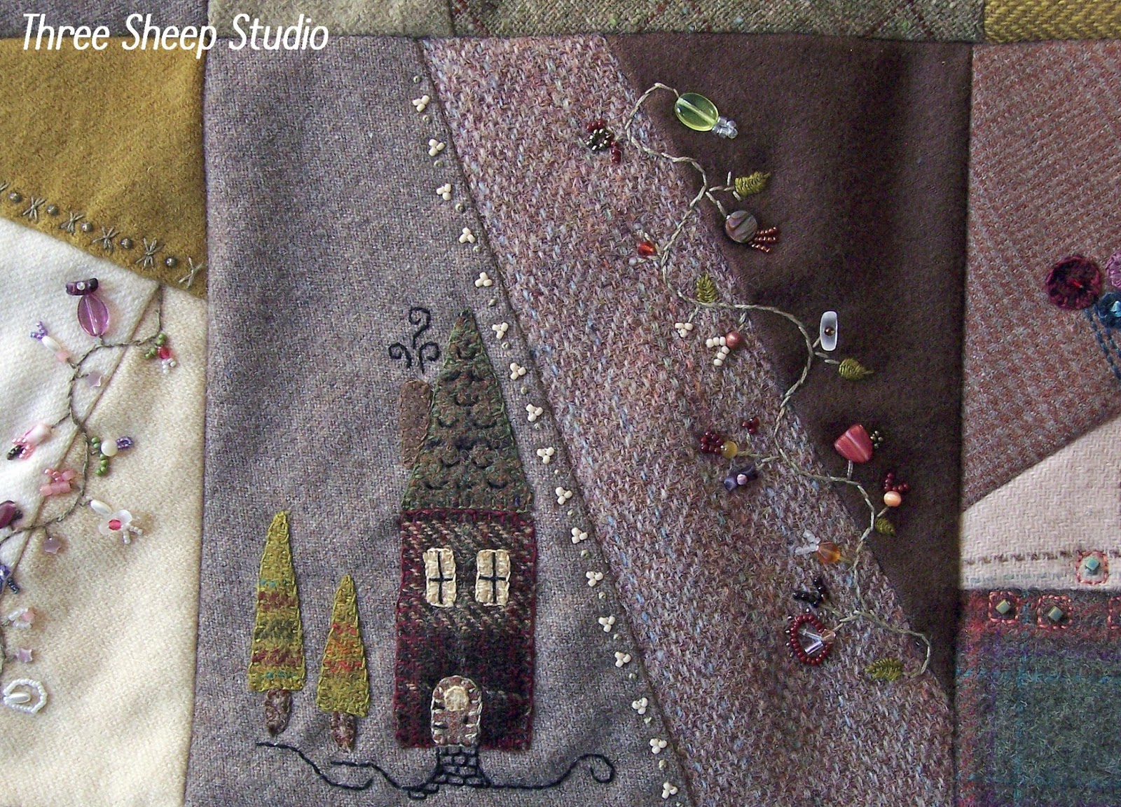 Three Sheep Studio Wool Crazy Quilt... Wall Hanging