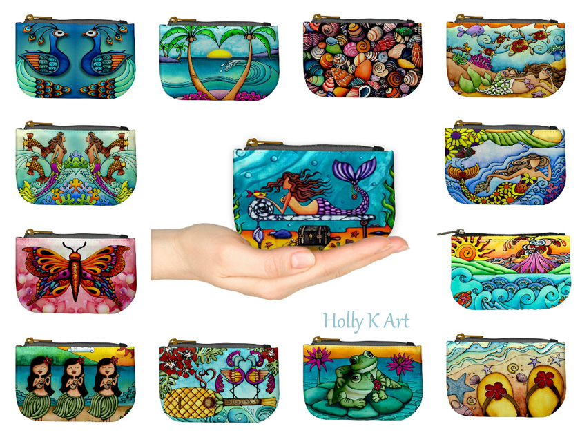 Holly Kitaura Art Hawaiian Print Fabric Coin Purse Zipper Bag