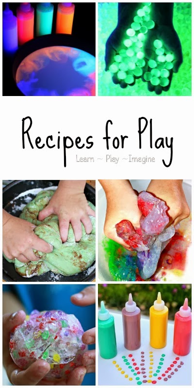 The ultimate list of recipes for play.  100+ recipes for doughs, slimes, paint and sensory materials kids will LOVE!