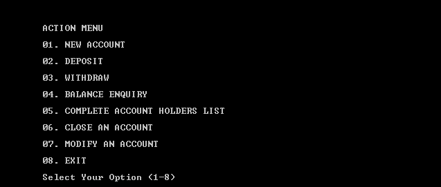 Screenshot of the Action Menu Of Banking Management System C++ Project