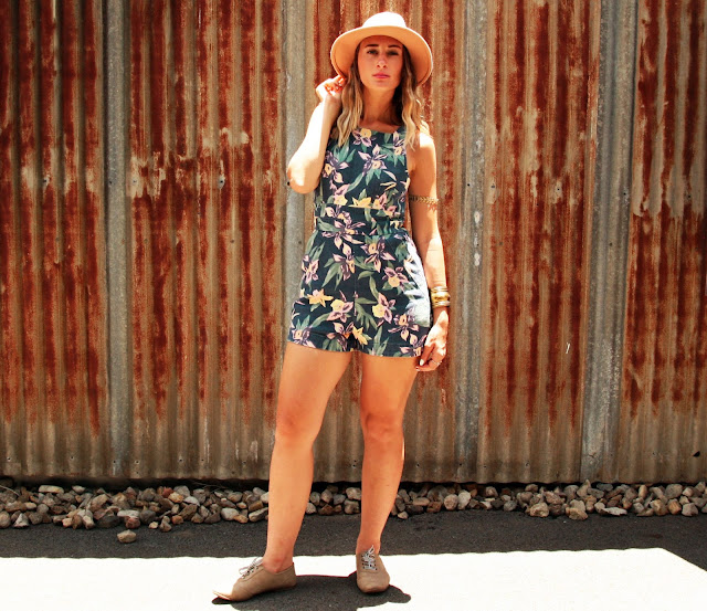 outfit floral print denim playsuit and fedora outfit floral print denim playsuit and fedora
