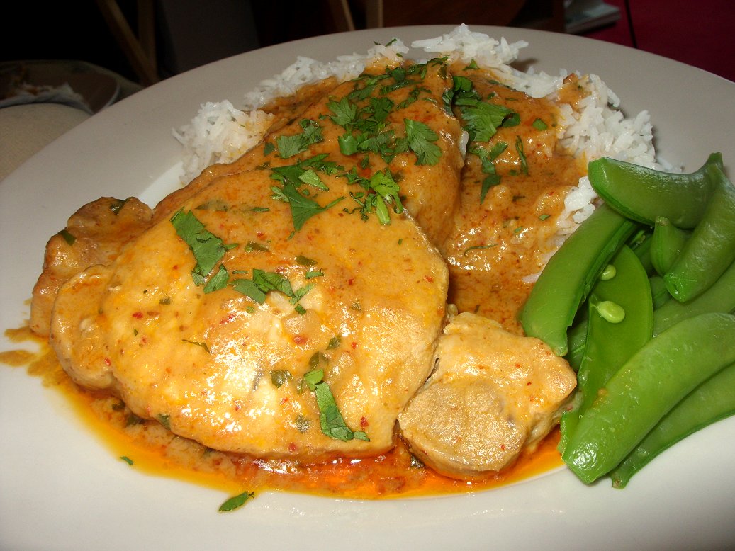 Jenny Eatwell's Rhubarb & Ginger Pork steaks in satay style sauce