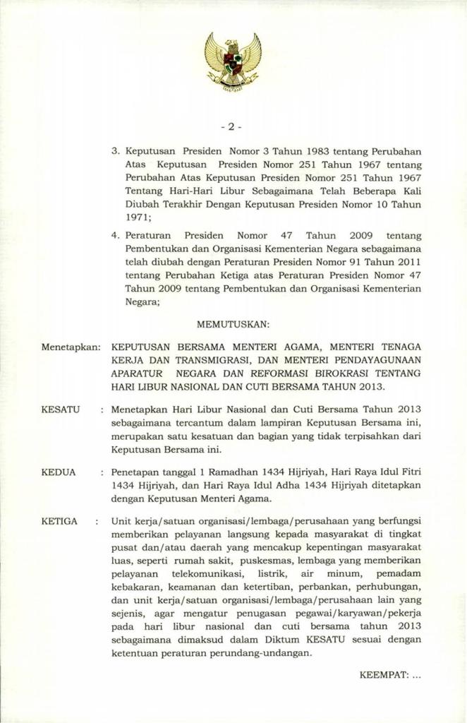 Berikut ini surat keputusan Hari Libur Nasional dan Cuti Bersama Tahun