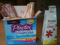 One box of Playtex Gentle Glide Tampons and five Kotex Thong panty liners. I've been a faithful consumer of the Playtex brand tampons and highly recommend them for unsurpassed absorbency and comfort during use and application process. I am willing to let these items go as I won't need them for the next 7 months or so... I will gladly trade for a cherry wood sleigh style crib or maternity wear suitable for winter months. Contact Shannon