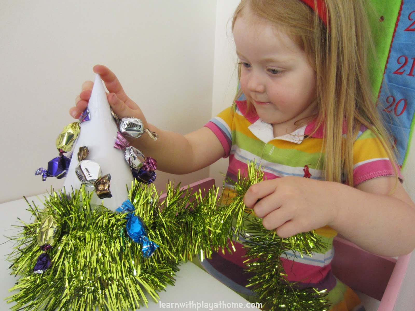 Learn with Play at Home Tinsel Treats Table Tree. Christmas Craft for Kids