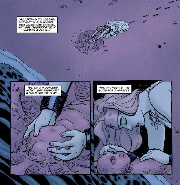 Images from Wonder Woman #2 (2011) by Brian Azzarello and Cliff Chiang depicting the traditional story of Diana's birth from clay with the textual narrative: "According to legend, Hippolyta -- the queen -- her womb was barren. Yet she desperately wanted a child... So, on a moonless night, she fashioned a child out of clay... and prayed to the gods for a miracle."