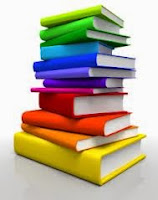 Colorful cartoon picture of a tall stack of books