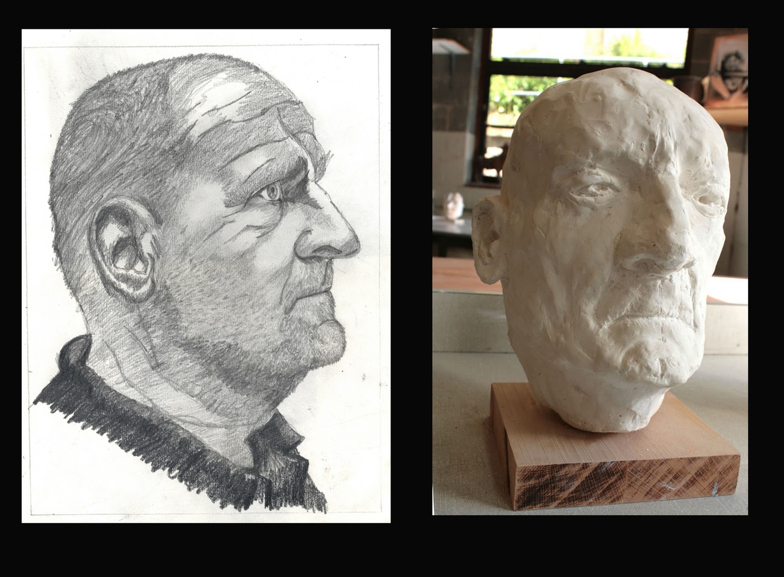 1083801056 Art teacher head sculpture with a profile drawing of his head.