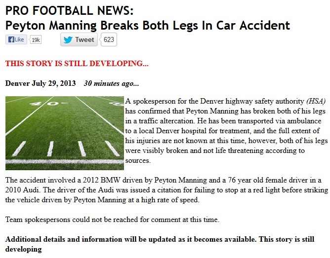 Peyton Manning Hoax Claims Athlete Broke Both Legs In Car Accident