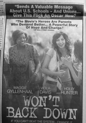 Black and white quarter page newspaper ad for Won't Back Down with photo of Viola Davis and Maggie Gyllenhaal