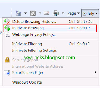 Activating private browsing mode in internet explorer