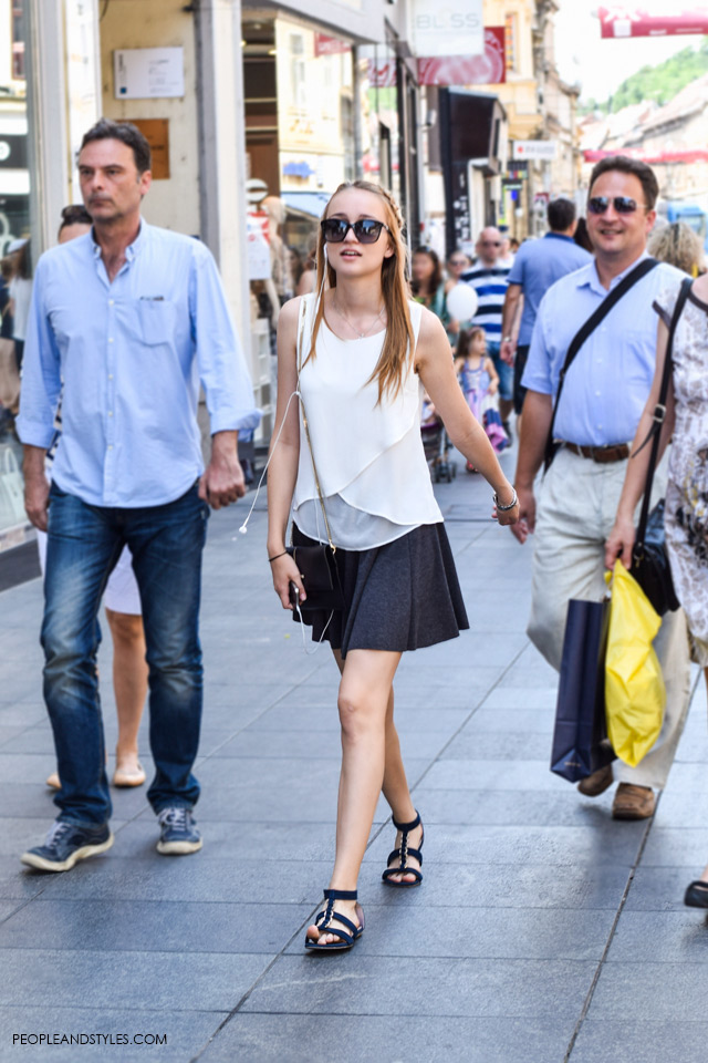 White sleeveless top and skater skirt Street style, summer fashion, June 2015. What to wear to work in summer