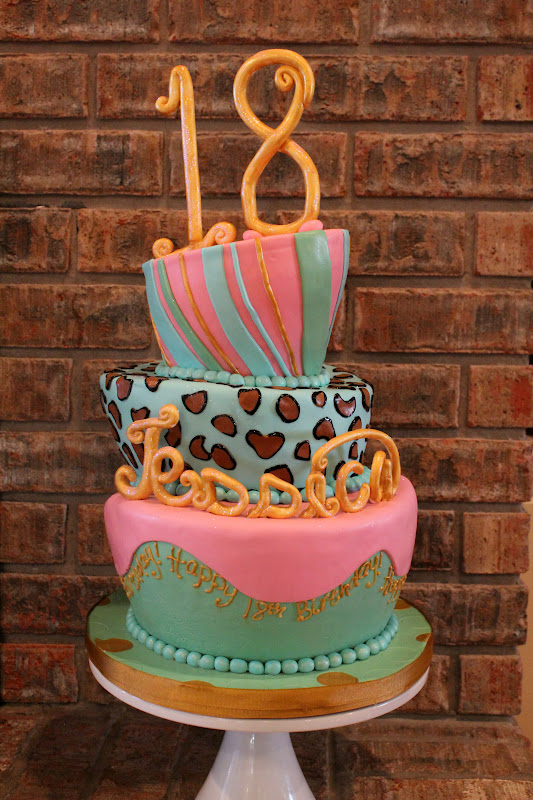 It's a topsy turvy cake that includes animal print on Tiffany blue stripes