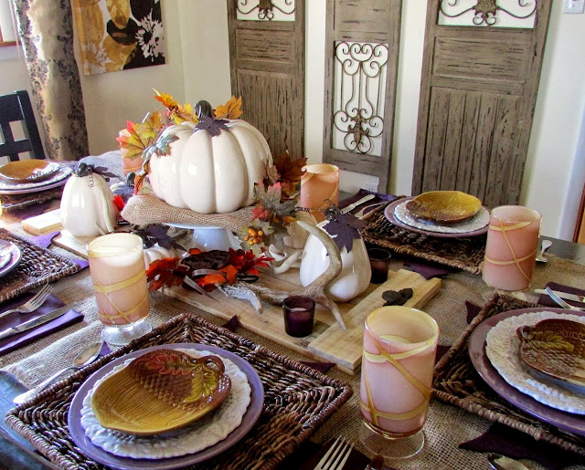 Thanksgiving  or Fall Tablescape with Antlers Pallet Wood and Pumpkins