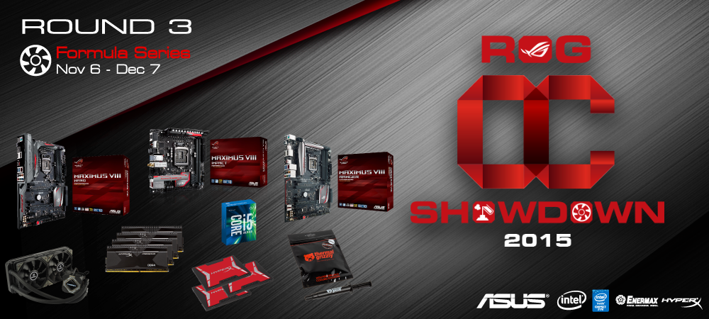 Global overclocking competition's third stage runs from 6th November to 7th December and invites enthusiasts to overclock with air and water cooling to win kudos and prizes ASUS Republic of Gamers OC Showdown 2015 Formula Series R3