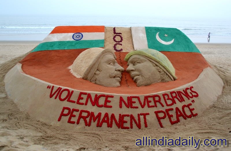 A sand sculpture on the Indo-Pak issue with a message Violence Never Brings Permanent Peace at Puri beach by Sudarsan Pattnaik A sand sculpture on the Indo-Pak issue with a message Violence Never Brings Permanent Peace at Puri beach by Sudarsan Pattnaik
