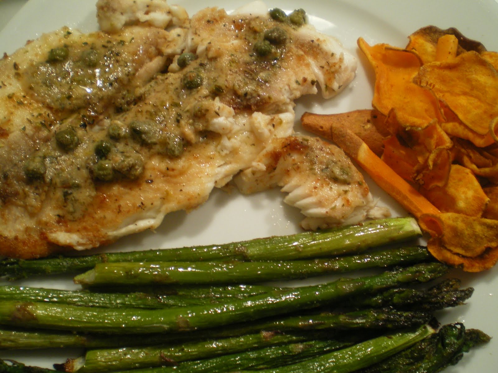 Paleo Licking Good! Piccata Tilapia and roasted Asparagus