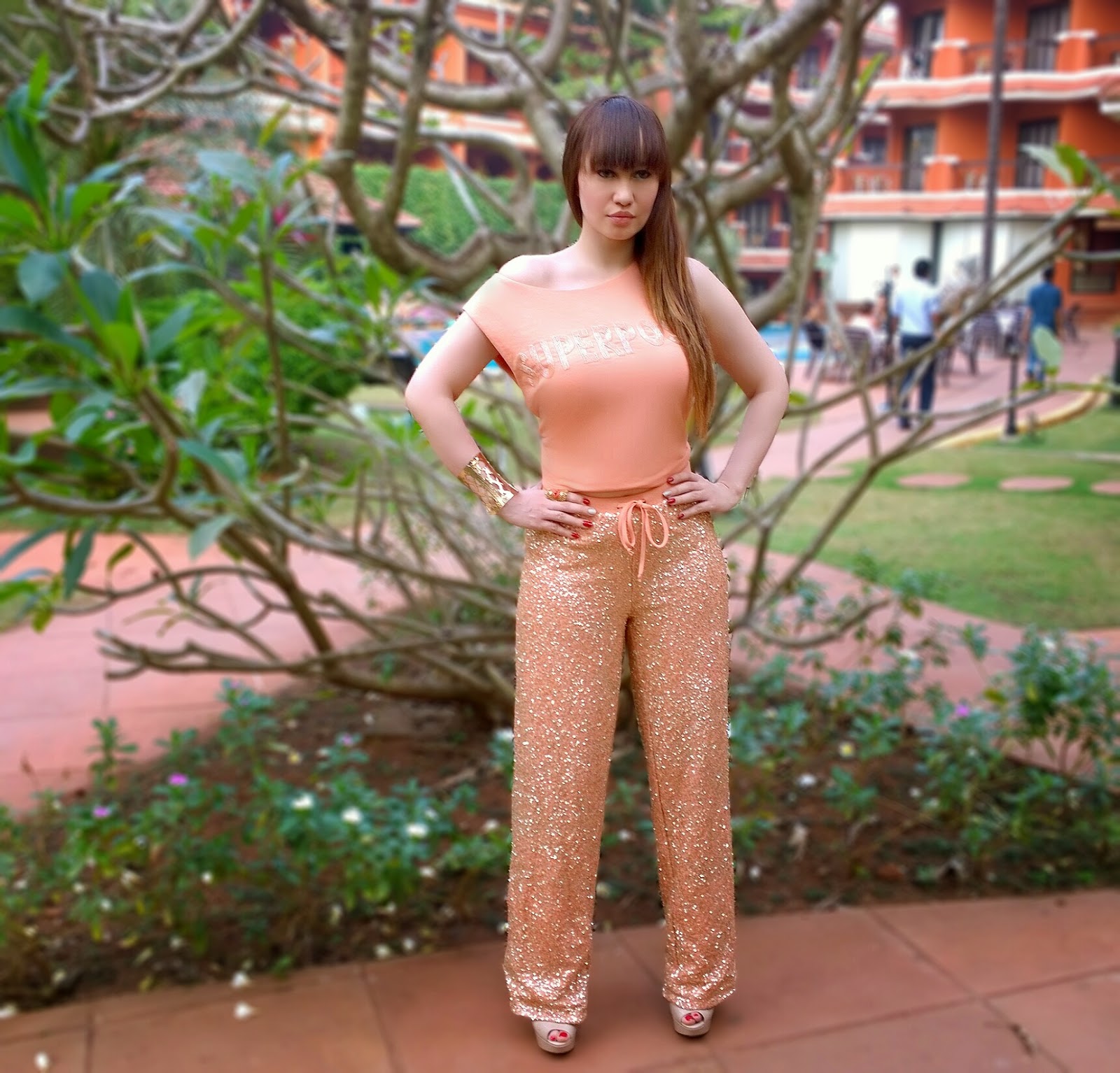 Sports Luxe , peach tank top & sequin track-pants