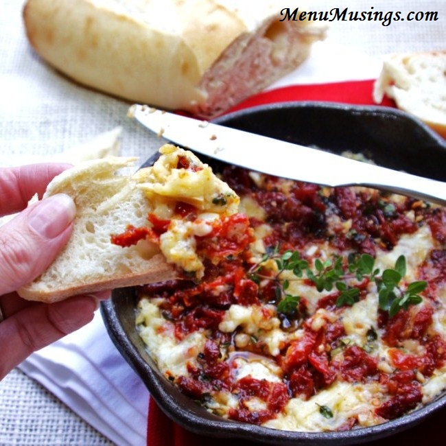 Menu Musings of a Modern American Mom Baked Brie Dip with Sun Dried Tomatoes and Thyme
