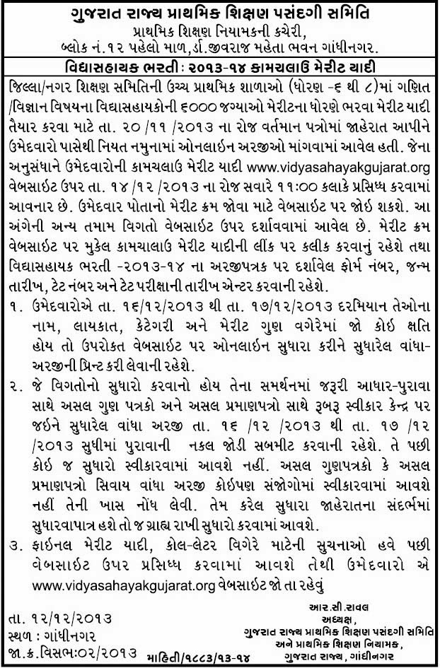 merit list of vidyasahayak bharti