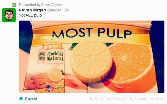 Image of orange juice container that says "MOST PULP" with comment "Not ALL pulp"