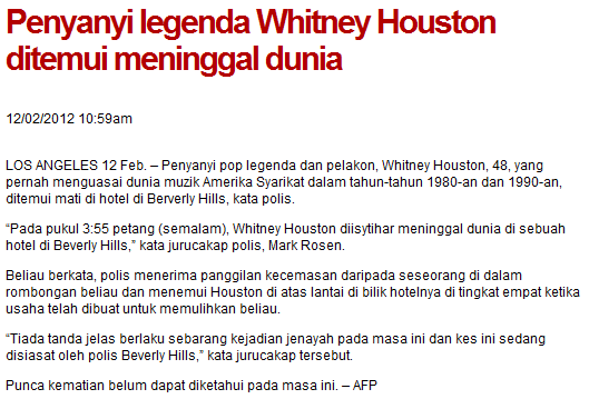Whitney Houston Meninggal Dunia