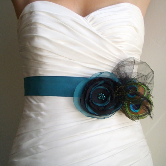 Crystal belt via bridesca Funky peacock fabric sash via Etsy