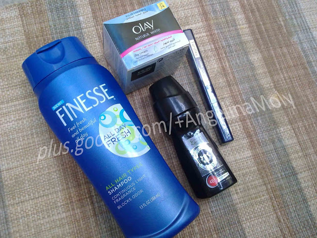FINESSE day shampoo, OLAY spf 24 cream, Yardley water proof mascara, Creation Lamis perfumes 