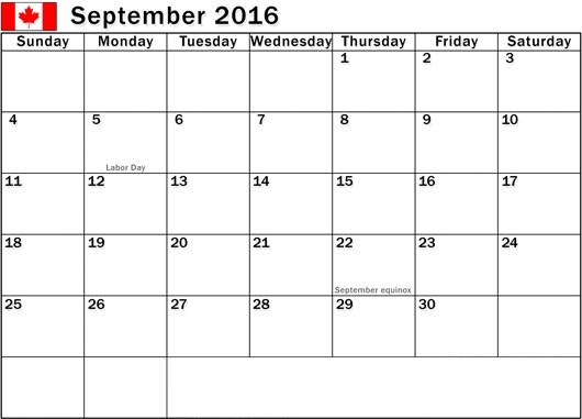 September 2016 Calendar with Canadian Holidays Free, September 2016 Printable Calendar Cute Word Excel PDF Template Download Monthly, September 2016 Blank Calendar Weekly